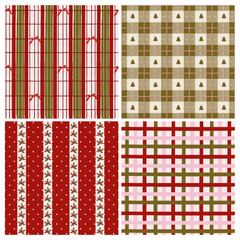 Fototapeta na wymiar Set of seamless Christmas patterns with plaid, bows, fir trees and festive stripes. Cozy mix of red, green, cream and pink. Perfect for holiday wrapping, fabric, packaging and crafts.