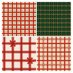 Fototapeta na wymiar Set of seamless Christmas plaid patterns in cozy red, cream and green tones. Includes gift bow accents and heart details. Ideal for wrapping paper, fabric, scrapbooking and holiday crafts.