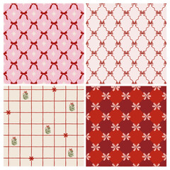 Obraz na płótnie Canvas Elegant seamless Christmas patterns with bows, grid, stars and mistletoe. Cozy festive palette in red, pink and cream. Perfect for wrapping, fabric, cards, scrapbooking and holiday decor.