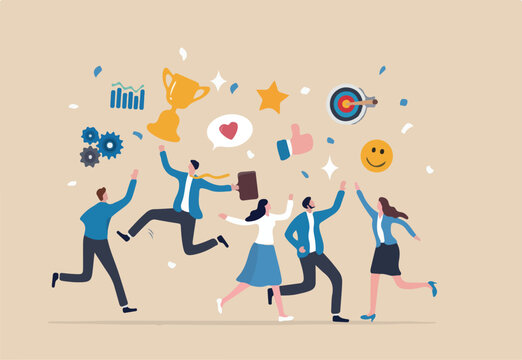 Employee engagement, work satisfaction or happiness, company commitment or employee appreciation, wellbeing or inclusive concept, happy business people employees jump with work engagement elements