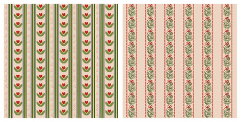 Obraz na płótnie Canvas Cozy vertical Christmas seamless patterns with hearts, mistletoe and fir branches. Warm festive colors on a soft beige background. Perfect for wrapping, textiles, cards and holiday decor.