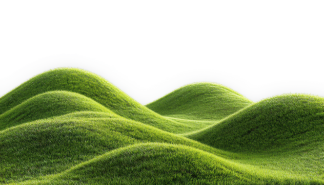 3D illustration of curve green grass isolated on transparent background, green grassy hills for poster banner cover design