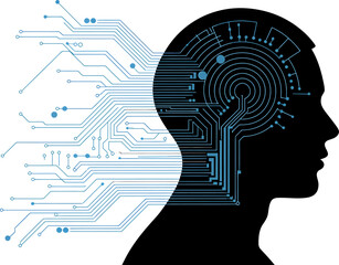 Silhouette of a human head with intricate digital circuits flowing through the brain, symbolizing AI and technology.