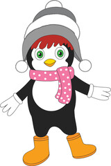 Cute cartoon penguin in winter hat, pink scarf, gloves and yellow boots, perfect for holiday, Christmas, or kids design themes