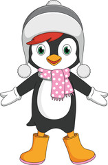 Cute cartoon penguin wearing winter hat, pink scarf, gloves and boots, perfect character for kids, Christmas, holiday or winter theme