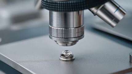 Close-up View of a Diamond Under a Microscope Lens in a Laboratory Setting for Gemological Research and Quality Assessment of Precious Stones