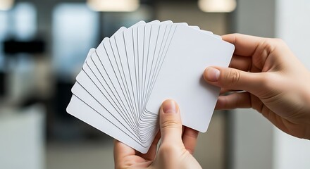 Hands fan out blank white cards for a game or activity