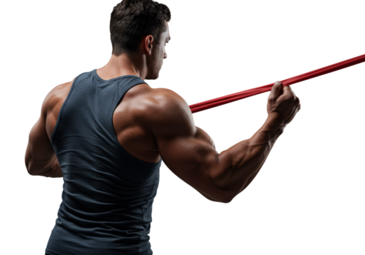Powerful muscular man (20s-30s) in dark gray tank top, broad shoulders, defined back, pulling red resistance band, dramatic studio light on transparent background, concept of physical exertion