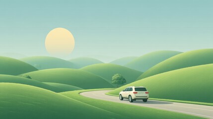 Fototapeta premium Scenic Highway Journey Through Rolling Green Hills Under Bright Yellow Sun in Minimalist Style with White SUV Car Driving on Open Road