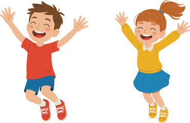 Happy kids jumping and laughing joyful children playing together with raised hands smiling faces cartoon illustration energetic childhood fun bright colorful scene