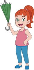 Happy smiling girl with red hair holding a green umbrella, wearing casual clothes, standing confidently isolated on white background