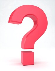 A vivid, three-dimensional question mark, rendered in a vibrant coral-pink hue, stands out against a plain white background.