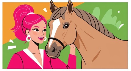 Woman with Pink Hair Smiling Next to Brown Horse Illustration