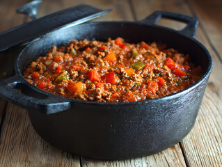 Colorful Chili Cooking in Black Pot on Rustic Wood Table