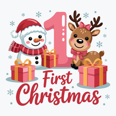 1st Christmas Snowman and Deer Christmas holiday vector t-shirt design