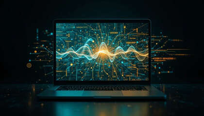 Open Laptop with Data Visualizations and Binary Code Symbol of Advanced Technology and Digital Innovation