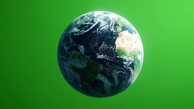 Planet earth rotating slowly against a vibrant chroma key green background, ideal for video editing and compositing projects related to environment, space, or global issues
