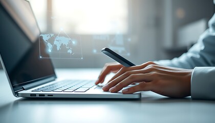 Person using laptop and phone with digital world map and network connections technology data