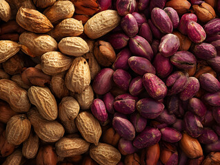 A close-up, overhead view of two distinct piles of roasted peanuts, one in its shell and the other shelled, showcasing their textural differences and warm, earthy tones