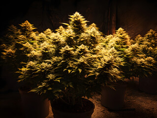 Cultivated botanical specimen with abundant flowering tops, showcasing dense trichome coverage and intricate pistil details, illuminated for optimal visual appreciation