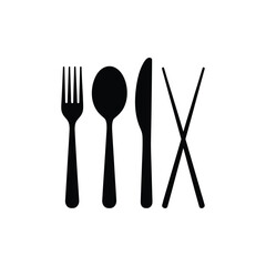 Silhouette of western and eastern eating utensils on a white background
