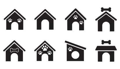 Dog house and pet kennel icons set silhouette vector