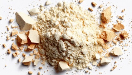 Crushed light beige powder scattered on white background