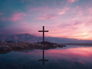 A solitary wooden cross stands tall on a rocky island in a tranquil lake, reflecting against a vibrant pink and purple sunset sky, evoking peace and spirituality