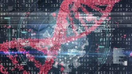 Animation of glitch, dna, virus cell and binary code on black background - Powered by Adobe
