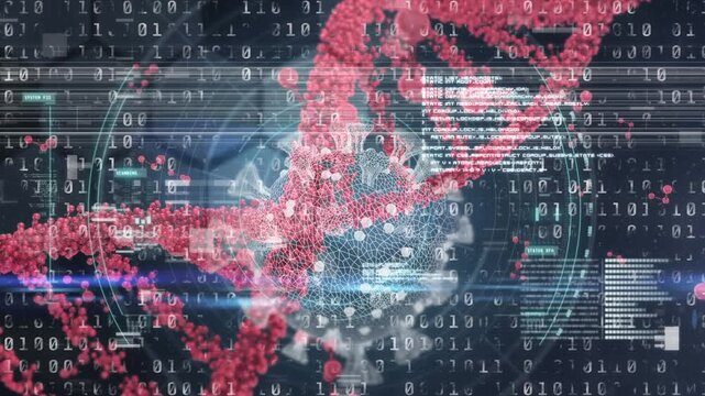 Animation of glitch, dna, virus cell and binary code on black background