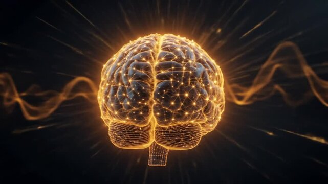 Digital brain consisting of sparkling golden light dots on a dark background with radiating waves. 4k videos