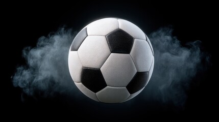Fototapeta premium Dynamic Soccer Ball Surrounded by Smoke on Dark Background for Sports Concept or Theme Design and Football Related Imagery