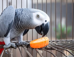 Obraz premium Close-up of a gray parrot inside a cage, feasting on a piece of orange carrot.