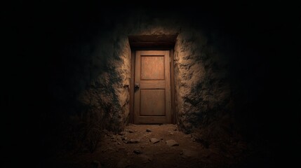 Mysterious Wooden Door Surrounded by Darkness with Rocky Walls and Ground, Evoking Intrigue and Secrets Awaiting Discovery in a Dim Environment