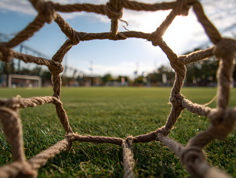 Through the goal net, a sunlit soccer field awaits, showcasing lush green grass and an empty stadium under a clear blue sky