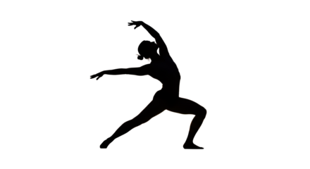 Athletic human figure in graceful pose, silhouetted against vibrant golden-purple sunset sky with low horizon, wide shot, backlit. Concept of serene power and artistic expression