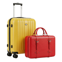 Yellow suitcase and red handbag isolated on transparent background