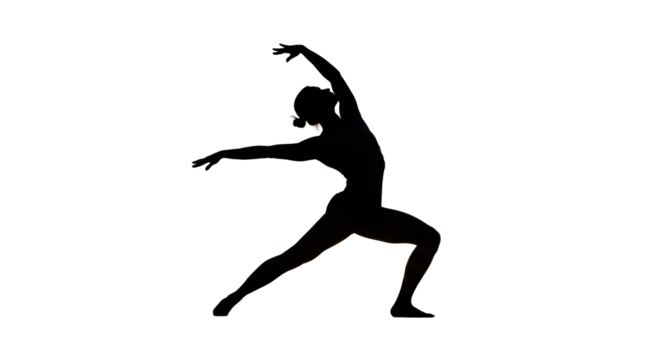 Athletic human figure in graceful pose, silhouetted against vibrant golden-purple sunset sky with low horizon, wide shot, backlit. Concept of serene power and artistic expression