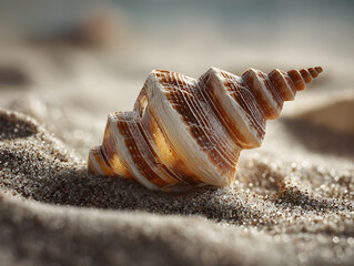 A beautifully detailed spiral seashell rests on sun-drenched sand, capturing the essence of a serene beach escape and the intricate beauty of marine life found along the coast