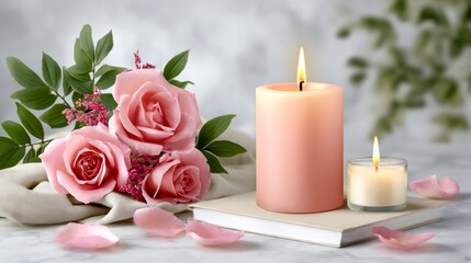 Pink roses and burning candles creating a romantic atmosphere
