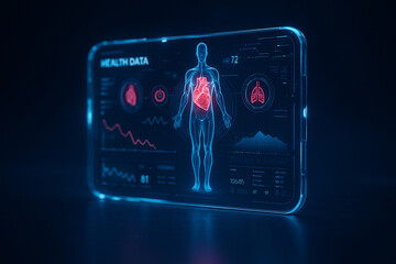 AI generated futuristic medical hologram interface showing human body and glowing heart with digital health data and graphs in neon blue tones symbolizing precision and innovation