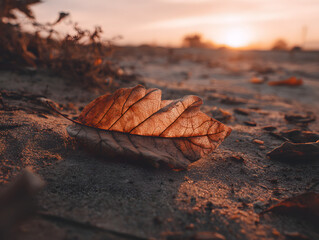Close-up of a solitary, dry, golden-brown autumn leaf resting on sandy ground during a soft, warm sunset, with blurred foliage in the background, creating a serene and melancholic mood