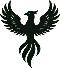 Phoenix silhouette, wings spread, black minimal emblem vector transparent