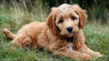 Fototapeta premium Labrador Labradoodle Puppy Playing on Lush Green Grass Field