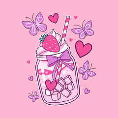 Romantic pink smoothie in a jar with strawberry and butterflies, cute girly art.