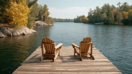 Tranquil Lakeside Retreat with Two Wooden Chairs Facing Serene Water Surrounded by Lush Forest and Vibrant Autumn Foliage in Natural Scenic Landscape