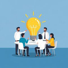 Team of people brainstorming around a lightbulb idea