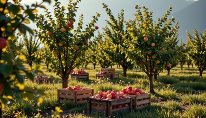 Countryside retreat orchard heavy with ripe apples, wooden crates stacked under trees
