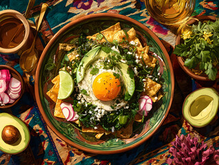 Colorful Chilaquiles with Fried Egg, Avocado, and Radish Toppings