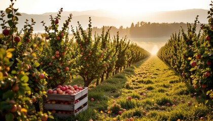 Countryside retreat orchard heavy with ripe apples, wooden crates stacked under trees